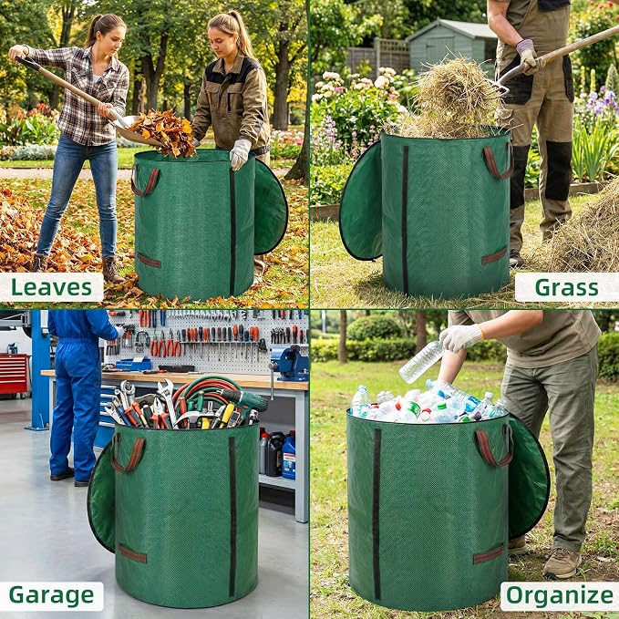Reusable Leaf Bags 72 Gallon 3 Pack, Heavy Duty Lawn Bags with Lid & Dual Side Support Rods Reusable Yard Waste Bags with Handles Garden Leaf Collector Bag Yard Waste Bin