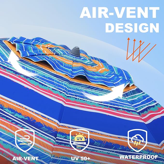 AMMSUN 7ft Beach Umbrella with Sand Anchor Portable Outdoor Patio Sun Shelter UPF50+ Protection & Tilt Aluminum Pole Air Vent with Carry Bag for Beach Patio Garden Outdoor Multicolor Blue