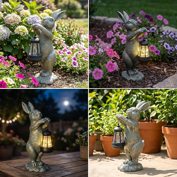 C&Y&G&X Garden Statue Rabbit with Solar Lantern - Outdoor Bunny Figurine Decor with LED Lights, Weather-Resistant Resin Animal Yard Art Sculpture for Patio, Lawn, Pathway, and Housewarming Gift