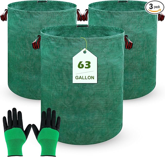 63 Gallons Lawn and Leaf Bags,Reusable Yard Waste Bags with Gardening Gloves,Heavy Duty Garden Bags with 4 Handles for Lawn Care, Camping & Recycling(3 Pack）