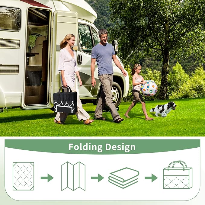 GENIMO 5' x 8' Outdoor Rug Waterproof for Patio Decor, Foldable Reversible Plastic Straw Area Rugs Mat for Camper, Outside Carpet for Rv, Deck, Porch, Picnic, Beach, Balcony, Black & White