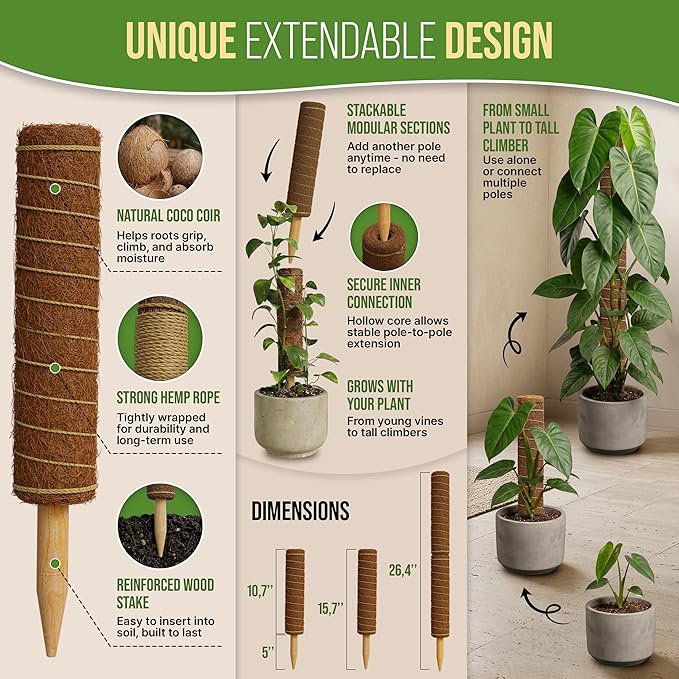 Organo Republic Moss Pole Monstera Plant Support Stakes - 26.4" Unique Self-Watering, Extendable Coco Coir Pole for Climbing Plant Supports for Potted Plants Indoor for Monstera, Pothos & More