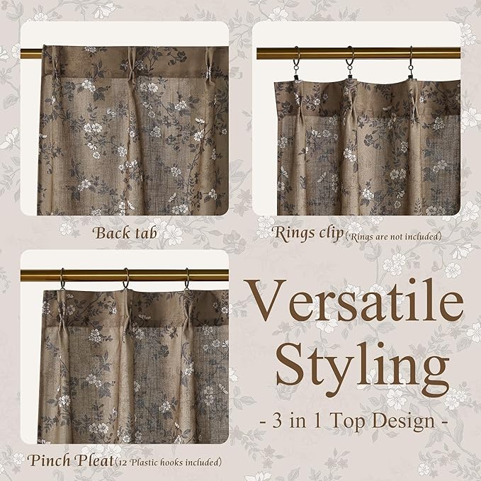 StangH Pinch Pleat Cafe Curtains 36 Inch Long Floral Printed Half Window Treatment Linen Tier Curtains Light Filtering Privacy Drapes for Cabinet/Kitchen/Bathroom,Khaki,26Wx36L,2 Panels