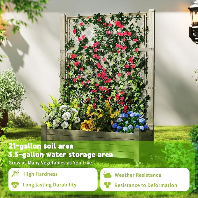 Elevated Raised Garden Bed with Trellis,Outdoor Large Resin Patio Planter Box with Lockable Wheels Drain Plug,Water Monitor for Plants Vegetables Flowers Fruits (Grey, 43.43 * 18.27 * 64.29)