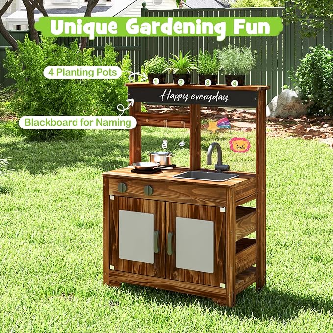 Costzon Mud Kitchen, Fir Wood Outdoor Play Kitchen with 4 Planting Pots, Faucet, Removable Sink, Stoves, Cooking Accessories, Kids Kitchen Playset for Backyard, Garden, Gift for Boys Girls 3+ (Brown)