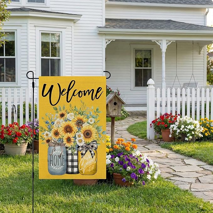 CROWNED BEAUTY Summer Garden Flag Sunflowers Mason Jars 12x18 Inch Double Sided Small Yellow Floral Seasonal Holiday Decoration for Outside Yard