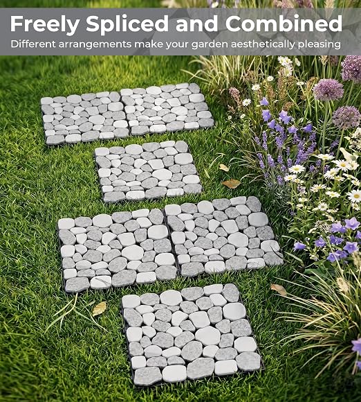 jxgzyy 4PCS Natural Stone Decking Tiles, 11.8"x11.8" Outdoor & Indoor DIY Interlocking Flooring, Marble Stepping Stones Landscaping Decor for Garden, Patio, Backyard, Balcony, Path, Off-White