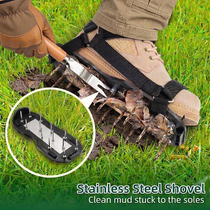 Lawn Aerator Shoes Pre-Assembled - 26 Heavy Duty Steel Spikes (2.4"), Stainless Steel Base Plate, Adjustable Metal Buckle Straps - Walk Behind Grass Aerator Sandals for Yard Lawn Care
