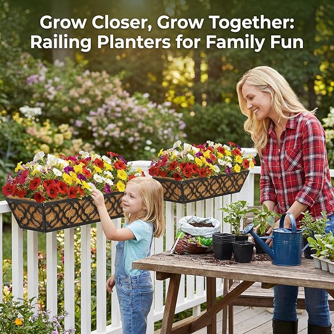 HFHOME 24 Inch Railing Planter Box with Coco Liner, 24" Window Boxes Horse Trough with Coconut Coir Liner, Black Metal Hanging Flower Planter Basket Railing Planter for Outdoor Indoor Lawn - 2 Pack