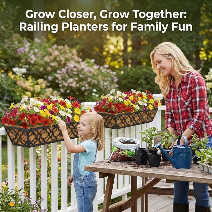 HFHOME 4 Pcs 30" Window Box Deck Railing Planter Box with Horse Trough Coco Liners, Black Metal Hanging Flower Planters Baskets for Indoor, Outdoor, Balcony, Porch, Fence, Patio, and Lawn