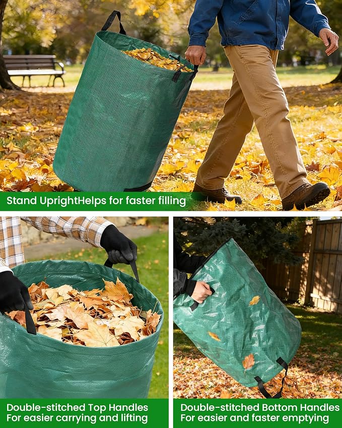 MAZING 3-Pack 72 Gallon Reusable Yard Waste Bags, Heavy Duty Collapsible Garden Leaf Bags with Plastic Ring & Reinforced Handles, Stand-Up Lawn Trash Bags for Debris, Grass Clippings&Camping Recycling