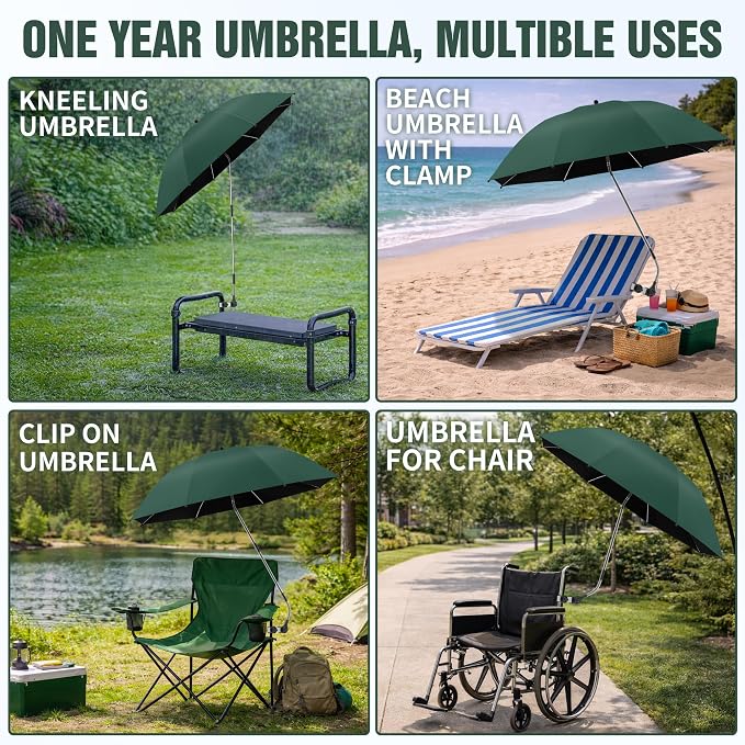 Garden Kneeler Umbrella, 42” Large Chair Umbrella with Universal Clamp, 360°Swivel and UPF 50+ Protection,Folding Clip on Umbrellas for Garden Seat Kneeling Bench Camping Chair, NO KNEELER