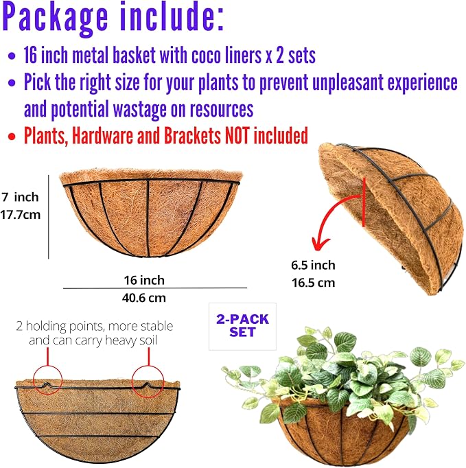 LaLaGreen 16 Inch Large Wall Planter, 2 Pack Rail Hanging Pot with Coco Liner, Black Metal Wall Mounted Flower Basket Box Outdoor Outside Fence Railing Plant Holder Deck Porch Patio Balcony Garden