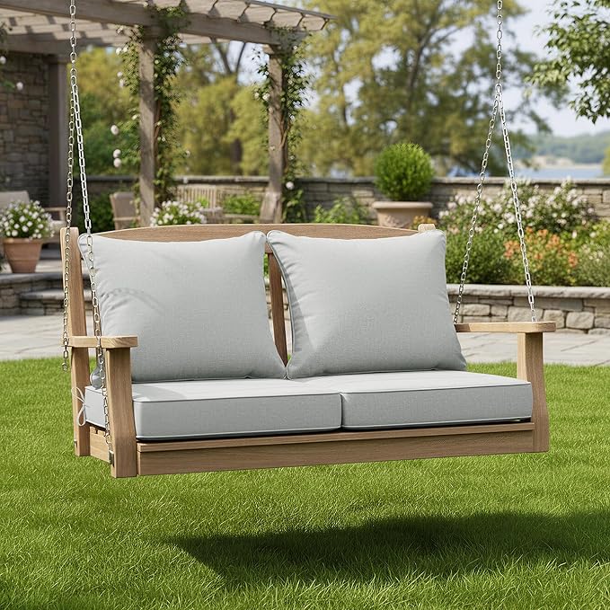 Summsun Patio Cushions for Outdoor Furniture, Faux Linen Water Resistant Backrest and Deep Seat Cushion Set with Non-Slip Bottom, Ties, Removable Cover, 22 x 22 Inch, Light Grey, Set of 2