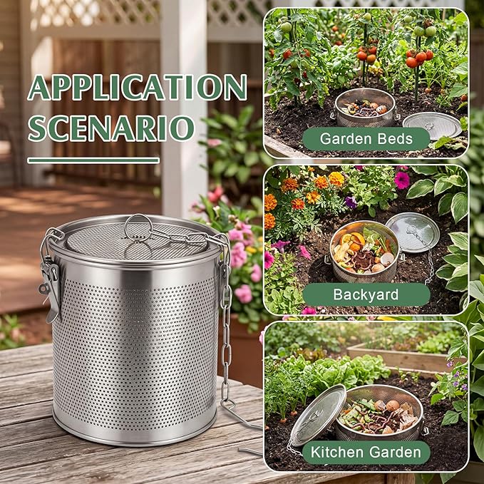 2 Set Inground Worm Farm 2.6 L Garden Mini Vermicomposting Bin Stainless Steel Outdoor Compost Bin with Handle for Garden Beds & Home Use Vermicomposting Box Kitchen Food Waste with Holes