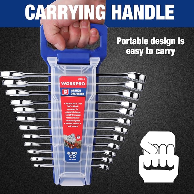WORKPRO 2-Piece Wrench Organizer, 24-Slot Plastic Wrench Holder Set with Lock Cover, Metric & SAE Compatibility (Up to 19mm or 7/8), Premium Quality Tool Trays with Carrying Handle