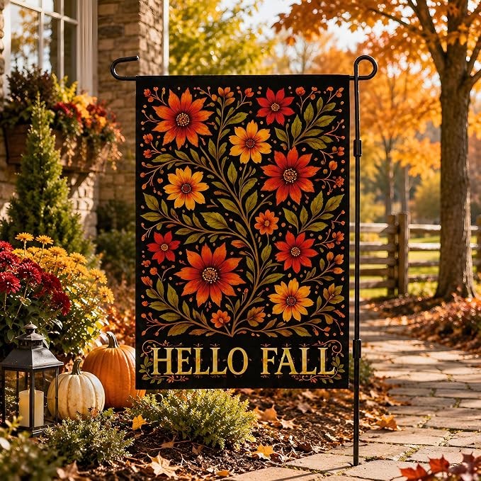 Fall Decor - Hello Fall Floral Garden Flag | Thanksgiving Party Favors Supplies Decorations - Double-Side Autumn Decor for Outdoor Indoor Outside - Friendsgiving Banner for Garden Porch Patio Lawn Yard