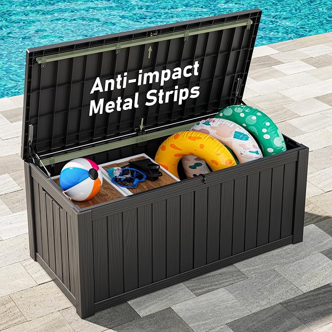 Outdoor Storage Box, 150 Gallon Resin Deck Boxes Outdoor Waterproof For Patio Furniture, Garden Tools, Pool Supplies, Lockable And UV Resistant (Striped Black)