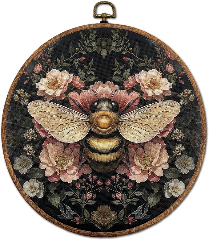 DOFQZ Vintage Boho Floral Bee Round Wall Art Decor, Dark Cottagecore Honeybee Framed Wall Art, Retro Botanical Art Deco Canvas Wall Hanging Decor for Home Bedroom Living Room, 10x10