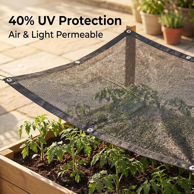 40% Garden Sunblock Shade Cloth, 6.5 x 6.5 FT Durable Taped Edge with Grommets UV Resistant Black Garden Shade Net for Plants, Greenhouse, Vegetables and Patio