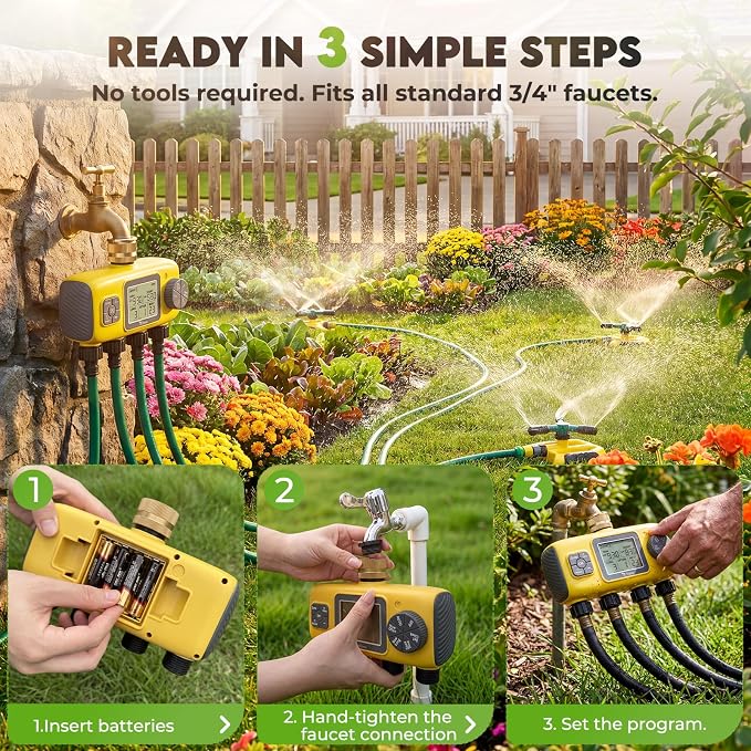 4 Zone Water Timer for Garden Hose, 4 Outlets Sprinkler Timer for Watering with Brass Inlet,Rain Delay/Automatic/Manual Irrigation System for Garden Sprinkler Controller for Lawn Yard Garden