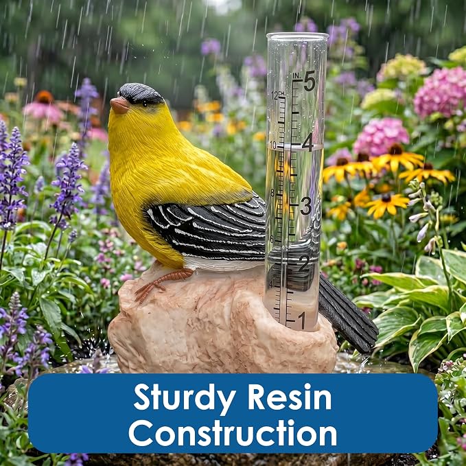 Gift Essentials Goldfinch Decorative Rain Gauge Outdoor - Resin Bird Figurine on Rock Base - Removable Tube Measures Up to 5 Inches of Rainfall - Garden Decor Gift