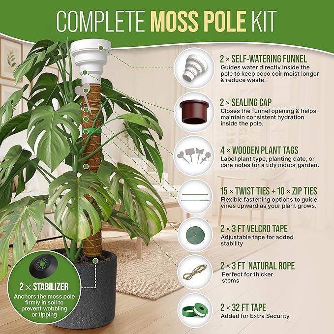 Organo Republic Moss Pole Monstera Plant Support Stakes - 2x26.4 or 48.7" Unique Self-Watering, Extendable Coco Coir Pole for Climbing Plant Supports for Potted Plants Indoor, Totem Pole for Pothos