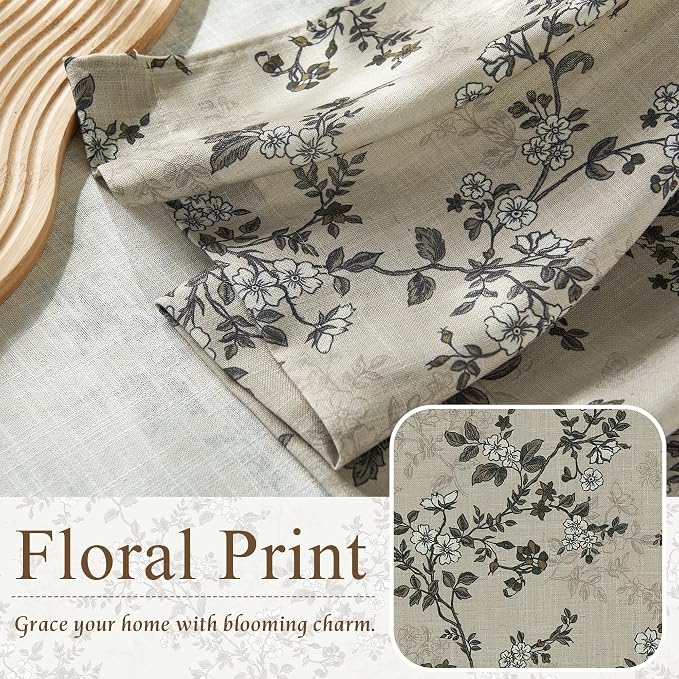 StangH Pinch Pleat Short Tier Curtains, Light Filtering Semi Sheer Privacy Natural Linen Textured Floral Curtain Tier for Kitchen/Laundry Room/Cabinet, Porcelain, W26 x L45, 2 Panels