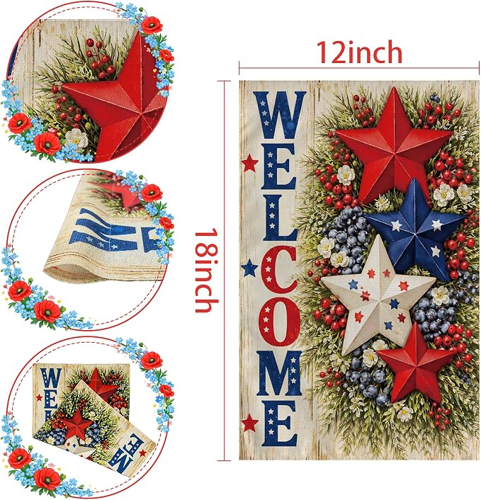 4th of July Decorations - Patriotic Stars Welcome Garden Flag | Double Sided Fourth of July Accessories Patriotic Banner | 250 Anniversary USA Merchandise for Garden Yard Porch Patio Lawn Outdoor Outside Decor