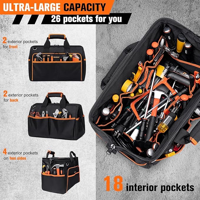 AUROPEAK Heavy Duty Tool Bag 17.3-Inch, 26-Pocket Large Organizer for Men Women with Adjustable Shoulder Strap, Waterproof, Foldable for HVAC Electricians Mechanics Craftsman Contractor