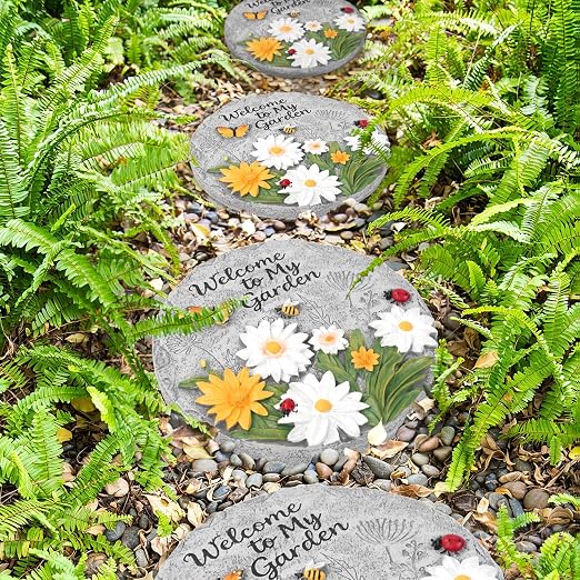 Resin Daisy Stepping Stone, Bees Butterfly Ladybug Welcome to My Garden Decorative Garden Step Stones for Yard, Patio or Walkway Wall Hanging Decor - Outdoor or Indoor Home Decoration