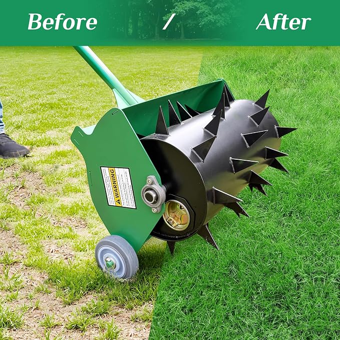 Rolling Lawn Aerator, Heavy Duty Push Spike Aeration Tool Up to 55 lbs, Manual Rotary Grass Aerator for Garden and Yard Use
