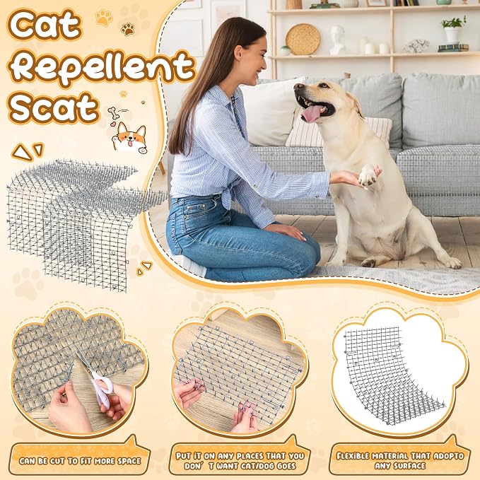 Sanwuta 2 Pcs 26.3 ft Cat Spike Mat Outdoor Cat Deterrent Mat with Spikes Prickle Strips Indoor Dog Digging Deterrent Anti Network Spikes with 10 Staples for Garden Fence(Gray)