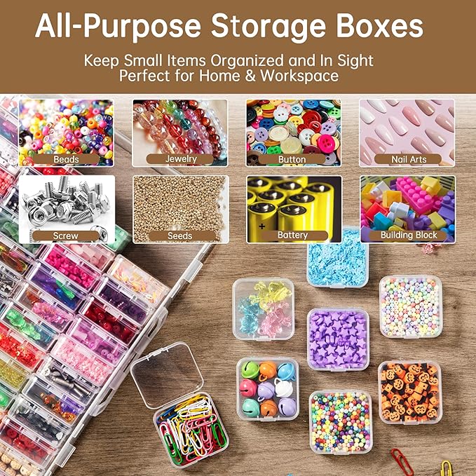 Bead Organizer Box, 120 Pack Small Clear Storage Boxes with Labels, Large Travel Craft Case with Handle, Mini Plastic Containers for Jewelry Making Diamonds DIY Pony Bracelet Screws Seeds Small Parts