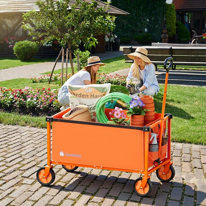 29.3" Collapsible Wagon Cart, 150L Heavy Duty Folding Utility Wagon with Wheels, 260 lbs Load, Portable Rolling Cart for Garden, Shopping, Sports, Camping, Orange