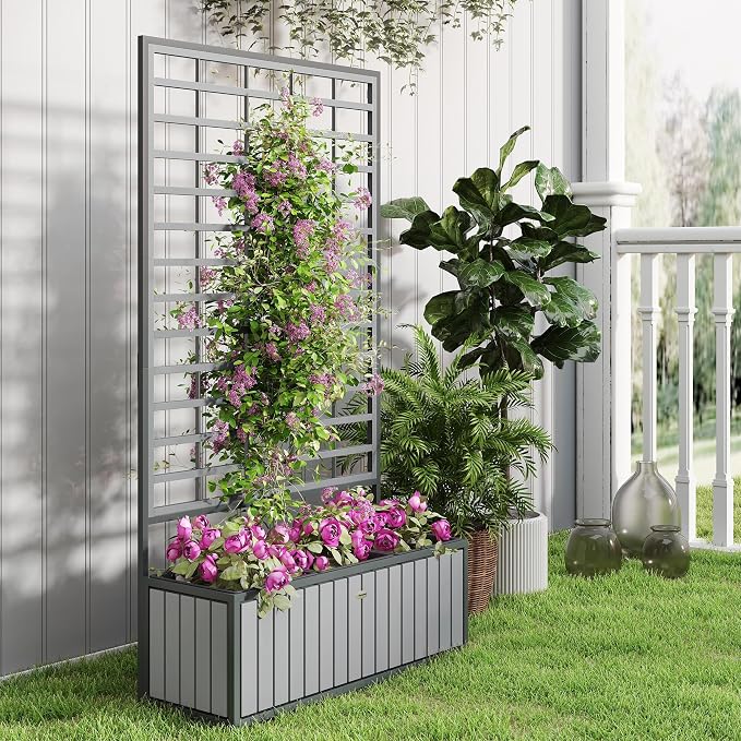 Outsunny Wooden Raised Garden Bed with Trellis, Removable Pots, Drainage Holes for Climbing Vines, Vegetables, Flowers, Raised Planter Box for Backyard, Patio, Balcony, 29 x 11 x 52 in., Gray