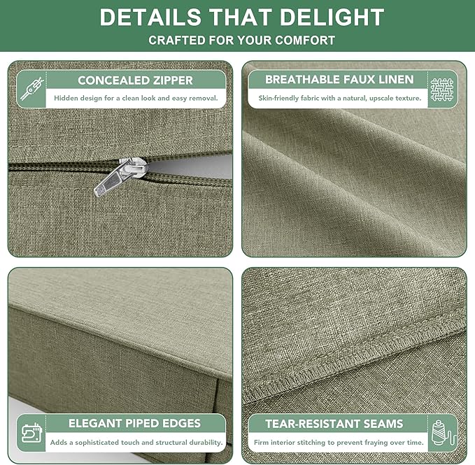 Summsun Water Resistant Outdoor Chair Cushions, Faux Linen Backrest and Deep Seat Cushion Set with Ties, Removable Cover, Non-Slip Bottom for Patio Furniture, 24 x 24 Inch, Mocca Green, Set of 2