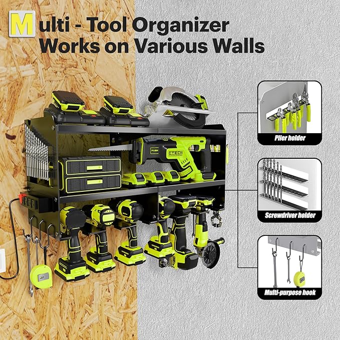 Spampur Fathers Day Gift,Power Tool Organizer Wall Mount with Charging Station, 3 Layer Heavy Duty Metal Tool Storage Rack Loads 420lbs with 6 Cordless Drill Holder, Garage Workshop