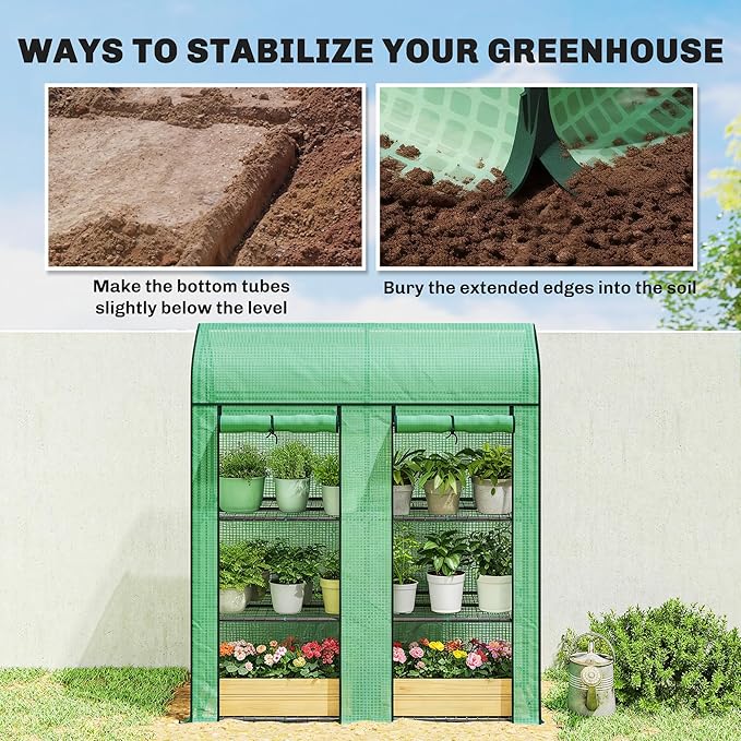 Outsunny 3 Tier Mini Greenhouse, 56.3" x 18.1" x 65" Small Portable Greenhouse with 2 Roll-up Doors, Garden Plant Growhouse with PE Cover for Indoor Outdoor, Green