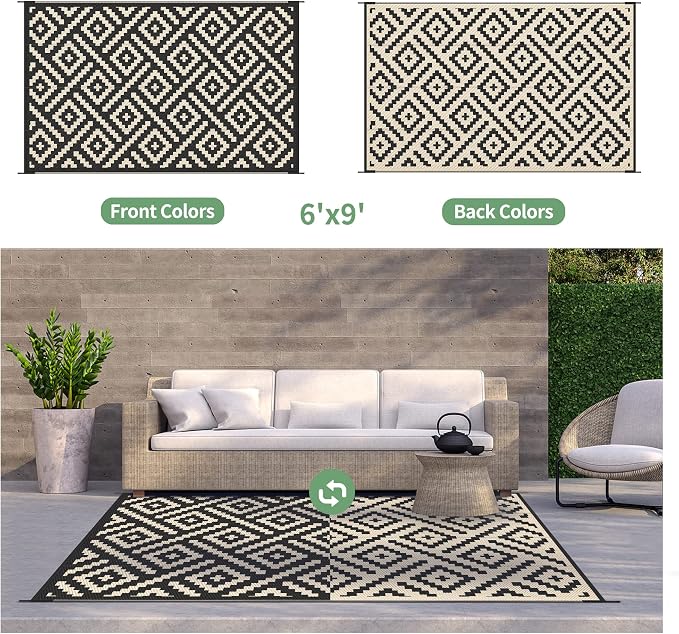 GENIMO Outdoor Rug for Patio Clearance,6'x9' Waterproof Mat,Reversible Plastic Camping Rugs,Rv,Deck,Porch,Camper,Balcony,Backyard (Black & Beige)