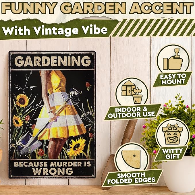 Funny Garden Signs for Outside - Gardening Because Sign 8x12 In Vintage Funny Metal Signs for Outside - Unique Gardening Gifts for Women Who Love Garden | Gardener's Backyard, Patio and Porch Decor