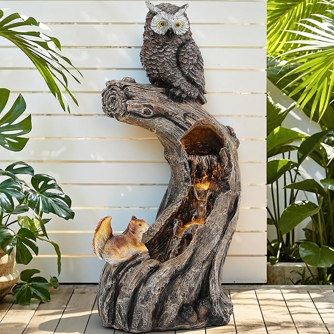 32" H Resin Owl Tree Trunk Fountain Outdoor, Forest Style 4-Tiers Water Feature Outdoor with Lights, Soothing Cascading Waterfall for Patio, Backyard, Garden or Porch