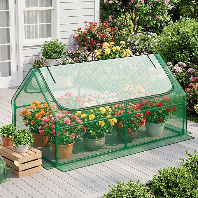 Superlele Mini Greenhouse for Outdoor, 6x3x3FT Portable Greenhouse with 2 Large Zipper Doors, Reinforced Green PE Mesh Cover for Plant Protection and Winter Gardening, Ideal for Raised Garden Bed