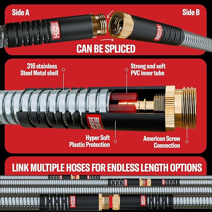 Best 50 ft Metal Garden Hose Set - No-Kink Durable 316 Stainless Steel, 10-Way Zync Spray Nozzle & Hook – Tough Flexible Heavy Duty Water Hoses, 5/8 in, Rust, Weather, LeakProof