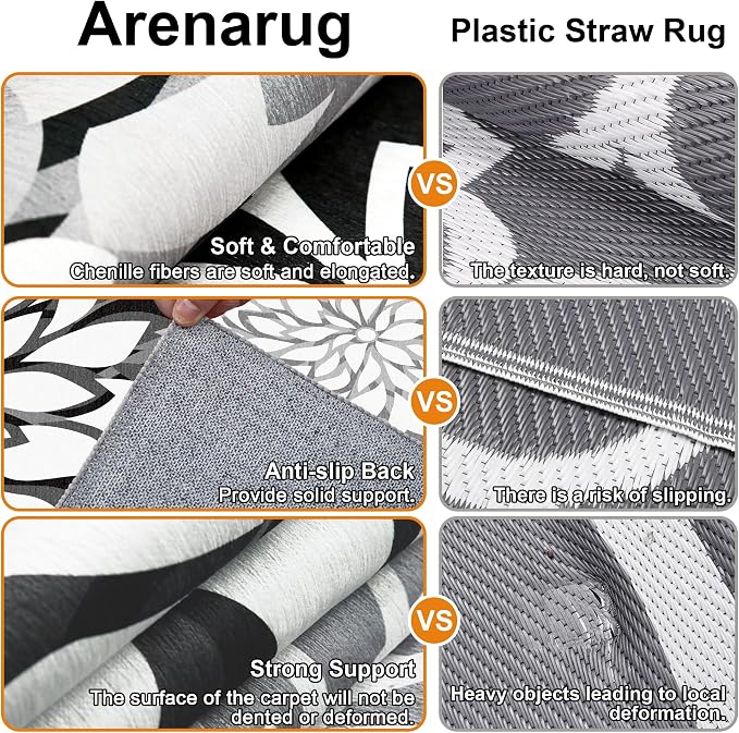 6x9 Outdoor Area Rug Washable Multicolored Patio Rug Tropical Botanical Floral Chenille Waterproof Outdoor Carpet Non-Slip for Patio, Deck, Backyard, Porch, Black