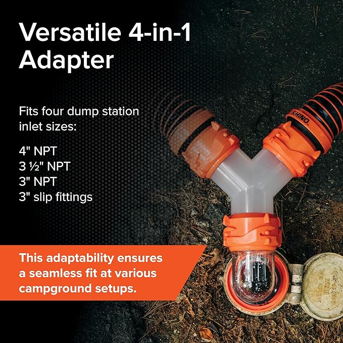 Camco RhinoFlex Clear RV Sewer Hose Elbow with 4-in-1 Adapter - Features a 360-Degree Fitting Rotation and Built-in Gasket for Odor-Tight Protection - Fits 4 Sizes of Dump Station Inlets (39736)