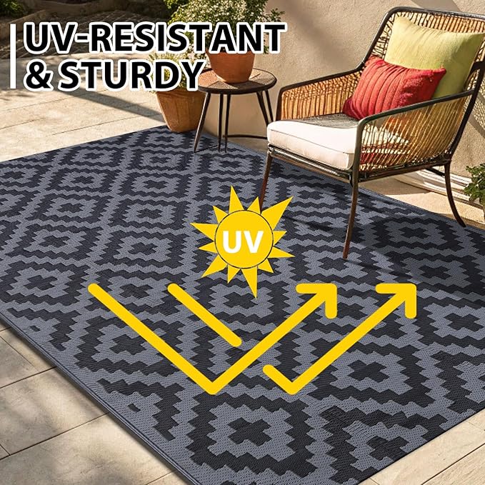 Smiry Waterproof Outdoor Rug 9X18 ft, Reversible Plastic Straw Patio Camping Rugs, Outdoor Indoor RV Mat Carpet for Patio, Outside Entry, Backyard, Deck, Bench, Picnic, Camper, Black & Grey