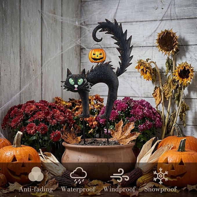 TERESA'S COLLECTIONS Halloween Garden Stake,Metal Black Cat with Jack-o'-Lantern Solar Light Decor,Spooky Yard Art Sign for Lawn Patio Porch,25"