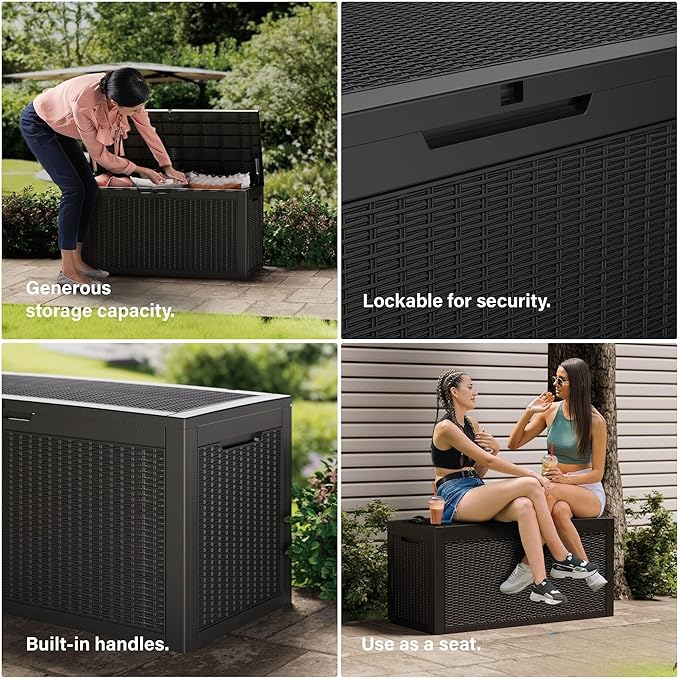 TARKARI 150 Gallon Resin Deck Box, Waterproof Outdoor Storage Box, Lockable for Patio Furniture, Garden Tools, Pool Accessories, UV-Resistant for All Weather Use, Black