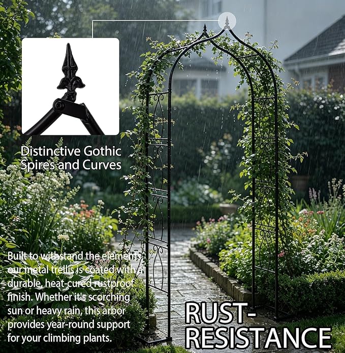 93" Metal Garden Arbor Arch Trellis for Climbing Plants, Outdoor Indoor | Heavy Duty Thickened Metal Arbors with Base for Stability Rustproof Coating Wedding Ceremony Party Archway Grape Vine Support